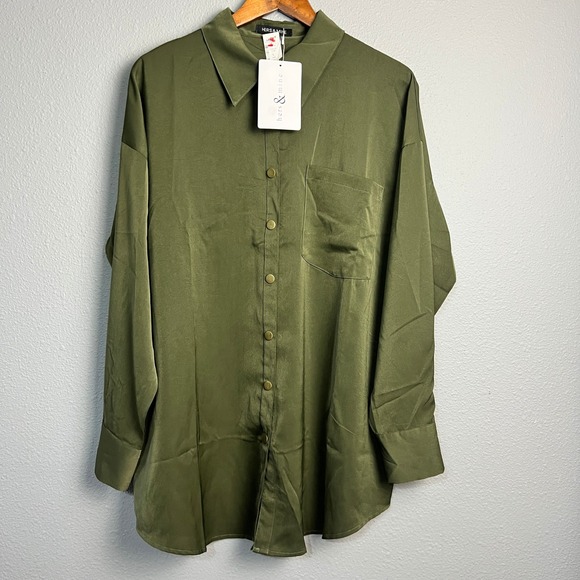 mine Tops - NWT Hers & Mine Olive Green Satin Button-Down Shirt Long Sleeve Oversized L